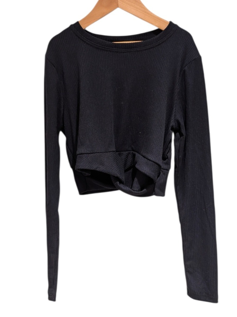 SLS APPAREL navy blue ribbed long sleeve crop top twist front - size L